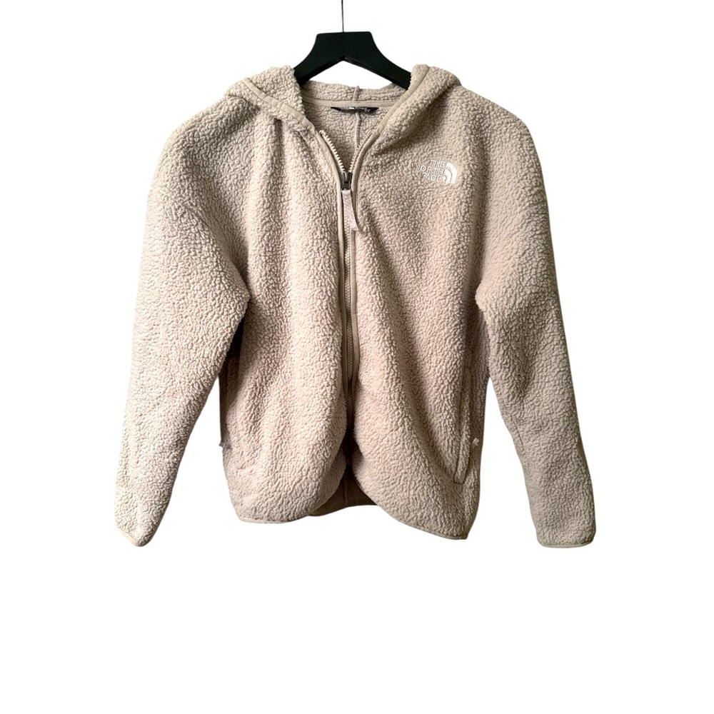 The North Face Cream Zip Sherpa Hoodie Girls Large 14-16 Tonal Logo Stitching